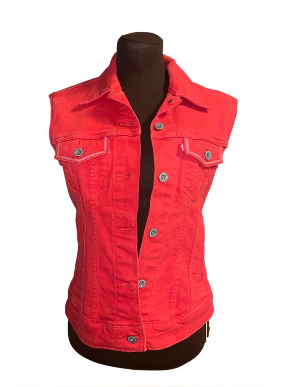 Vintage Red White Stitched LEVI'S Sleeveless Button Front Denim Jean Vest Small